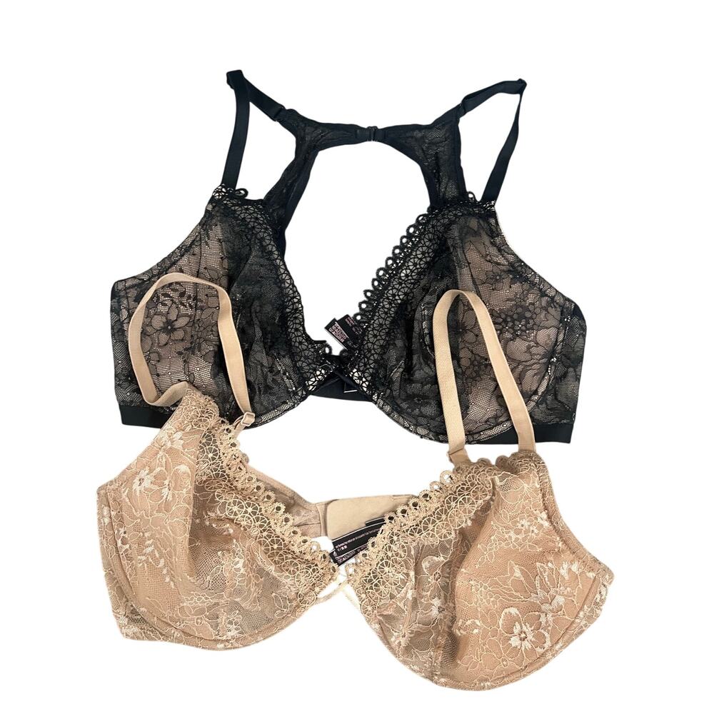 Victoria Secret  Set of 2 Unlined Plunge Lace Bra Black & Tan Lingerie 38DD